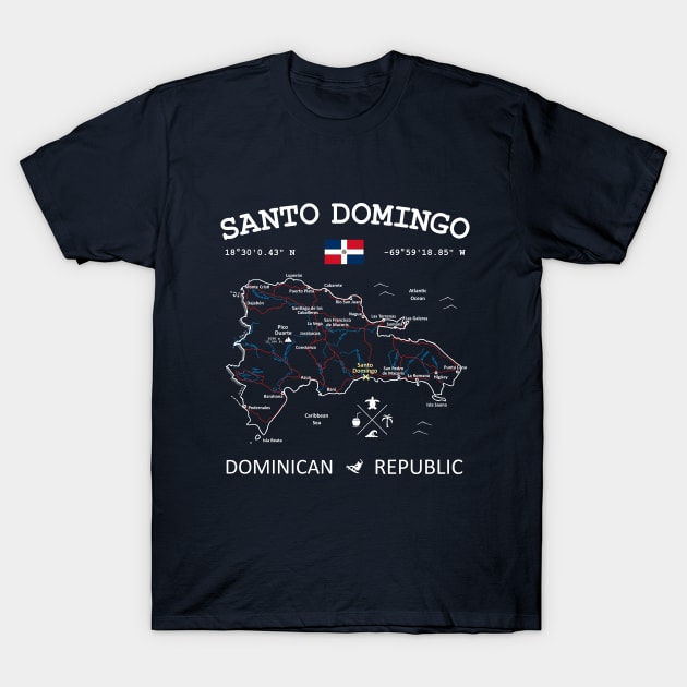 Dominican Republic Flag Travel Map Santo Domingo Coordinates Roads Rivers and Oceans White T-Shirt by French Salsa